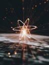 Glowing Atom Model Hovers Over Dark, Blurred Landscape Emitting Shining Light, Sparks and Energy, Science and Futuristic Royalty Free Stock Photo