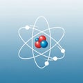 Atom model illustration with a blue gradient background. Central nucleus features Royalty Free Stock Photo