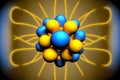 atom orbit model of blue balls with yellow divergent rays