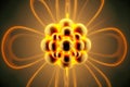 Atom orbit model of yellow glowing particles with divergent rays