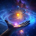 An Atom in the Palm of Your Hand, Set Against a Backdrop of Infinite Space and Galaxies Royalty Free Stock Photo
