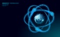 Atom particle sigh on world map. Nuclear military weapons global danger. Atonic power defence country security. Nuke arm