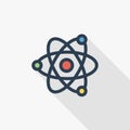 Atom, Physic Symbol thin line flat color icon. Linear vector symbol. Colorful long shadow design.