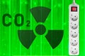 atom radiation sign with co2 and extension cord outlet as clean nuclear energy symbol