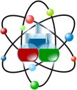 Atom scheme with colored laboratory flasks