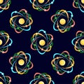 Atom seamless pattern on dark blue background.