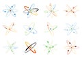 Atom symbols of nuclear energy icon set. Scientific research and molecular chemistry. Vector atomic structure with