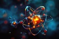 Atomic dance: subatomic realm, electrons, neutrons, and protons orbit a fixed nucleus in a model empty space within