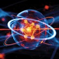 Atomic dance: subatomic realm, electrons, neutrons, and protons orbit a fixed nucleus in a model empty space within