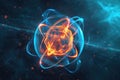 Atomic dance: subatomic realm, electrons, neutrons, and protons orbit a fixed nucleus in a model empty space within