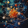 Atomic dance: subatomic realm, electrons, neutrons, and protons orbit a fixed nucleus in a model empty space within