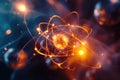 Atomic dance: subatomic realm, electrons, neutrons, and protons orbit a fixed nucleus in a model empty space within Royalty Free Stock Photo