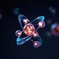 Atomic dance: subatomic realm, electrons, neutrons, and protons orbit a fixed nucleus in a model empty space within