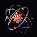 Atomic dance: subatomic realm, electrons, neutrons, and protons orbit a fixed nucleus in a model empty space within