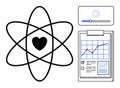 Atomic Heart Symbol with Graph Report and Video Player Interface for Data Analysis and Science Royalty Free Stock Photo