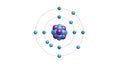 An atomic model featuring a central nucleus composed of blue and purple spheres representing protons and neutrons Royalty Free Stock Photo