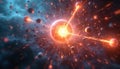 Atomic nucleus on fission, releasing immense energy. Subatomic particles explode, scattering in rapid motion through dark space. Royalty Free Stock Photo