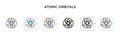 Atomic orbitals vector icon in 6 different modern styles. Black, two colored atomic orbitals icons designed in filled, outline,