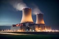 Atomic power plant at night. Production of electric and thermal energy. Nuclear energy concept