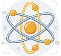 Atomic structure illustration, science concept. Orange and yellow atom model in a grey circle Royalty Free Stock Photo