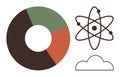 Atomic structure, pie chart, and cloud outline representing data, science, and innovation concepts Royalty Free Stock Photo