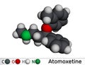 Atomoxetine molecule. It is used in the management of Attention Deficit Hyperactivity Disorder ADHD. Molecular model. 3D rendering