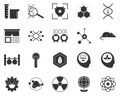 Atoms. Bioengineering glyph icons set. Biotechnology for health, researching, materials creating. Molecular biology, biomedical