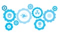 Atoms gear blue icon set. Connected gears and vector icons for logistic, service, shipping, distribution, transport, market,