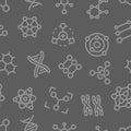 Atoms, molecules, dna, chromosomes outline vector seamless pattern on grey background Royalty Free Stock Photo