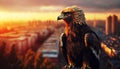 Atop the World: Majestic Eagle Soaring Over City at Dusk. Generative AI