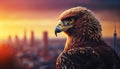 Atop the World: Majestic Eagle Soaring Over City at Dusk. Generative AI