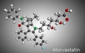 Atorvastatin, statin molecule. It is used for lowering blood cholesterol and for preventing cardiovascular diseases. Molecular