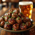 an atractive and tastefull image of meatballs portion and pint of beer together