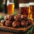 an atractive and tastefull image of meatballs portion and pint of beer together