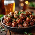 an atractive and tastefull image of meatballs portion and pint of beer together