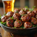 an atractive and tastefull image of meatballs portion and pint of beer together