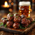 an atractive and tastefull image of meatballs portion and pint of beer together