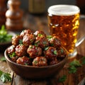 an atractive and tastefull image of meatballs portion and pint of beer together