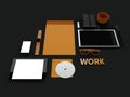 Atributes of web Designer on dark background. Top View. flat Lay. 3D rendering. High resolution. Royalty Free Stock Photo