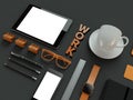 Atributes of web Designer on dark background. Top View. flat Lay. 3D rendering. High resolution.