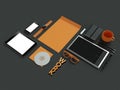 Atributes of web Designer on dark background. Top View. flat Lay. 3D rendering. High resolution.