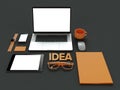 Atributes of web Designer on dark background. Top View. flat Lay. 3D rendering. High resolution.