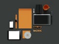 Atributes of web Designer on dark background. Top View. flat Lay. 3D rendering. High resolution. Royalty Free Stock Photo