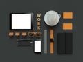 Atributes of web Designer on dark background. Top View. flat Lay. 3D rendering. High resolution. Royalty Free Stock Photo