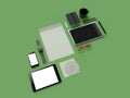Atributes of web Designer on green background. Top View. flat Lay. 3D rendering. High resolution. Royalty Free Stock Photo