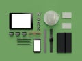 Atributes of web Designer on green background. Top View. flat Lay. 3D rendering. High resolution. Royalty Free Stock Photo