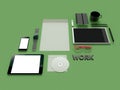 Atributes of web Designer on green background. Top View. flat Lay. 3D rendering. High resolution.