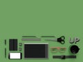 Atributes of web Designer on green background. Top View. flat Lay. 3D rendering. High resolution. Royalty Free Stock Photo