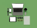 Atributes of web Designer on green background. Top View. flat Lay. 3D rendering. High resolution.