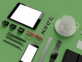 Atributes of web Designer on green background. Top View. flat Lay. 3D rendering. High resolution.